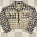 Blue B Collection Houndstooth Cropped Colorblock Tan Grey Shacket Photo 0