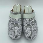 Johnny Was Dormi Silver Green Leather Brocade Wooden Clogs Women size 7.5 / 8.5 Photo 1