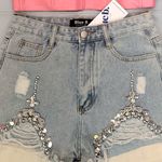 Blue Buttercup  Blue B Trendy Rhinestone Gemstone Embellished Denim Shorts Photo 1