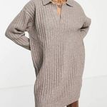 Weekday Husky V Neck Chunky Ribbed Knit Sweater Dress in Oat Brown Photo 0