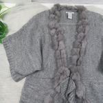 SISTERS Gray Knit Long Sweater Duster Wool Blend Faux Fur Trim Women’s Size XL Photo 3