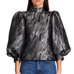Ganni  Metallic Jacquard Brocade Puff Sleeve Top, Black Size 36 Photo 0