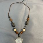 White seashell carved flower necklace on beaded leather cord 15” 3” ext Brown Photo 3