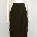 Vintage 90’s Corduroy Cargo Maxi Skirt in Dark Olive | Size 26” Green Photo 0