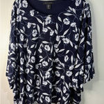 Tahari  Women's Navy Floral Print Bat Wing Blouse Size XL Photo 0