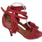 Yvonne Kone Women’s Size 38 7.5 Red Suede Wrap Tassel Ankle Open Toe Pumps Heels Photo 1