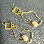 Modernist Abstract Gold tone Earrings with Real Pearl Drops Photo 2