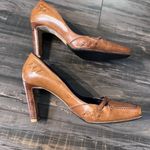 Manolo Blahnik Pumps Beige Camel Brown Leather Purple Stitching Shoes 37 Photo 3