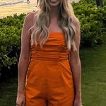 Lulus Adorable Outlook Bright Orange Ruched Linen Romper Photo 0