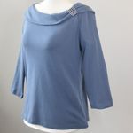 Rafaella  100% Cotton Blue Brooch Old Money Cowl 3/4 Sleeve Top Small Petite Photo 4