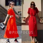 ZARA Cut Out Poplin A-Line MIDI Dress Puff Sleeves Red SIZE XS NEW Photo 3