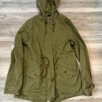 Love Tree Size Medium Olive colored lightweight jacket, with hood, zipper and button closure pit to pit is 18, length is 27 Photo 0