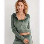 Aerie Velour Jacket Hoodie Sage Green Size Large Crop Length Real Good Photo 1