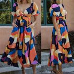 Baltic Born  Lola Midi Dress Rust Navy Blue Multicolor Puff Sleeves Cutout Boho Photo 3
