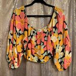 Billabong Yellow Orange Pink Floral Sun City Puff Sleeve Crop Blouse Large Photo 0