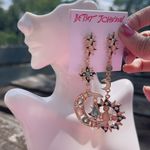 Betsey Johnson  sun and moon green beige cat eye stones earrings drops gold tone Photo 2