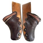 Olukai Dark Brown Leather Scallop Wood Slip On Clog Size 7 Photo 2