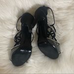 Caparros 🛍️  Black Satin Open Toe Silver Jeweled Rhinestone Mesh High Heels 6 Photo 7