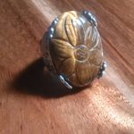 Hand Carved Tiger's Eye Dragon Flower Stainless Steel Cocktail Ring (Size 8) Photo 9