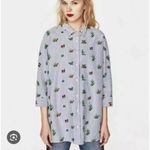 ZARA  Trafaluc Shirt Women XS Blue Striped Button Front Novelty Cactus Print‎ Photo 1