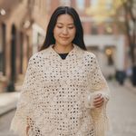 Helen Dolinick cottagecore Cream & white crochet #fringe poncho #handmade a41 Size XS Photo 10