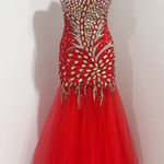 Angela and Alison  Women's Red Beaded Strapless Mermaid Prom Formal Dress Size M/L Photo 0