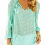 Lilly Pulitzer | Rilla Silk Blend Seafoam Green Gold Dot Tassel Blouse Top, S Photo 0