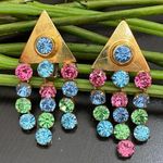 Unique Vintage  Unsigned Multicolored Stones Waterfalls Clip Statement Earrings Photo 0