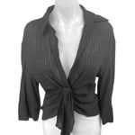 ZARA Women's Black Long Sleeve Ribbed Knit Textured Tie Front Shirt Top Size S Photo 1