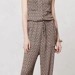 Anthropologie Anthropologe Lilka Darby Jumpsuit Ikat Print Sleeveless Tan Brown Black Size XS Photo 0