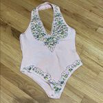 None Asymmetrical Pink Embellished Bodysuit Photo 0