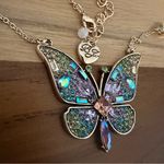 Betsey Johnson NEW  Pave Green Turquoise Lavender Crystal Gold Butterfly Pendant Photo 2