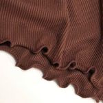 Solid Ribbed Pajama Set, Lettuce Trim Cami Top & Elastic Waistband Pants Brown Size M Photo 6