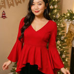 Ups & Downs Red Peplum Flare Sleeve Top Retro 90s Y2K Small Holiday Christmas Photo 0