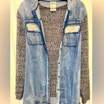 Vocal  Women’s Mixed Media Chambray Knit Long Sleeve Pullover Hoodie Size L Photo 0