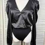 Forever 21 Black Cheetah Print Puff Sleeve Wrap Front Bodysuit-Small Photo 0