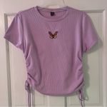 SheIn Purple Butterfly Embroidered Ribbed Drawstring Short Sleeve T-Shirt Photo 1