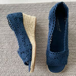 Coldwater Creek  Navy Blue Crochet Peep Toe Espadrille Wedge Sandals Photo 0