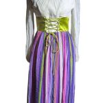 Vtg 1970s White Purple Striped Green Corseted Renaissance Peasant Dress 6 8 Photo 1
