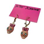 Betsey Johnson NWT Gold Tone Pink Sugar Skull with Pink Bow Dangle Earrings Photo 2