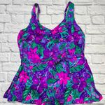 Maxine of Hollywood Vintage  One Piece Swimdress Purple Teal Floral Size 20W Belt Photo 0
