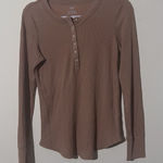 Aerie  Henley Shirt Womens Medium Tan Long Sleeve Waffle Knit Thermal Button Top Photo 0