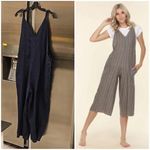 đź’•FRESH LAUNDRYđź’• 100% Linen Cropped Wide Leg Jumpsuit Blue Large *Flawed* NWOT Photo 1