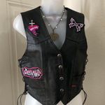 2000s Y2K Black 100% genuine leather biker goth punk rider motorcycle sleeveless jacket coat vest patches lace up side Photo 0