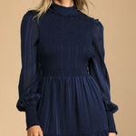 Lulus  Heartful Romance Navy Striped Smocked Long Sleeve Mini Dress Ruffle Size L Photo 0
