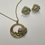 Pink Porcelain Rose Pendant Necklace gold chain 2 sets of Earrings yellow purple Photo 4