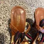 Michael Kors Brown Leather Sandals with Navy Red Stripe Detail and Gold Hardware Photo 2