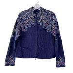 Ivko Embroidered Jacket Cardigan Size 40 L Zip Front Pockets Neckless Pattern Blue Size L Photo 0