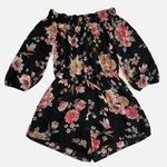 Active USA Romper Off Shoulder Small Black Floral Elastic Waist Tie Front Photo 0