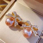 Gold and Peach Bow Pearl Earrings Pink Photo 1